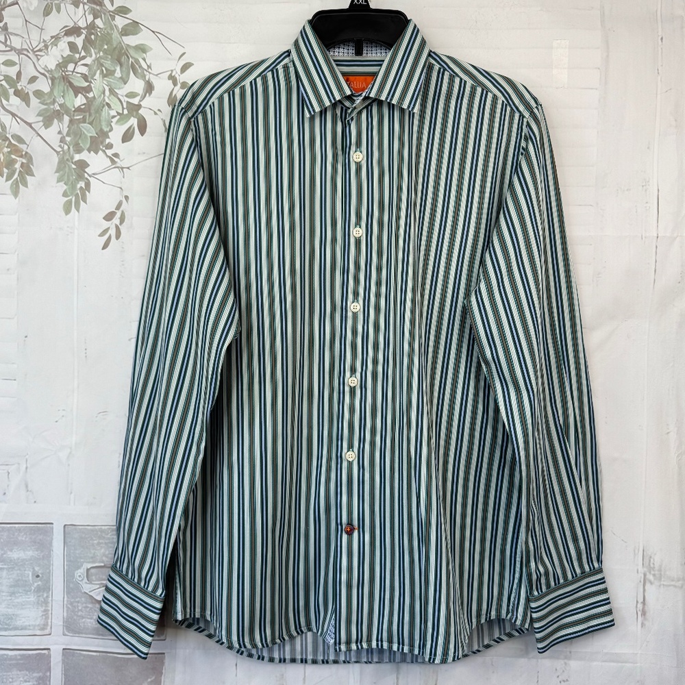 Tallia Mens Green Blue Striped Collard Button Up Dress Up Shirt Medium M 15 1/2